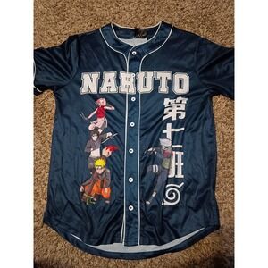 Naruto Shippuden Team 7 Baseball Jersey Navy Blue Anime Button Up Shirt Medium